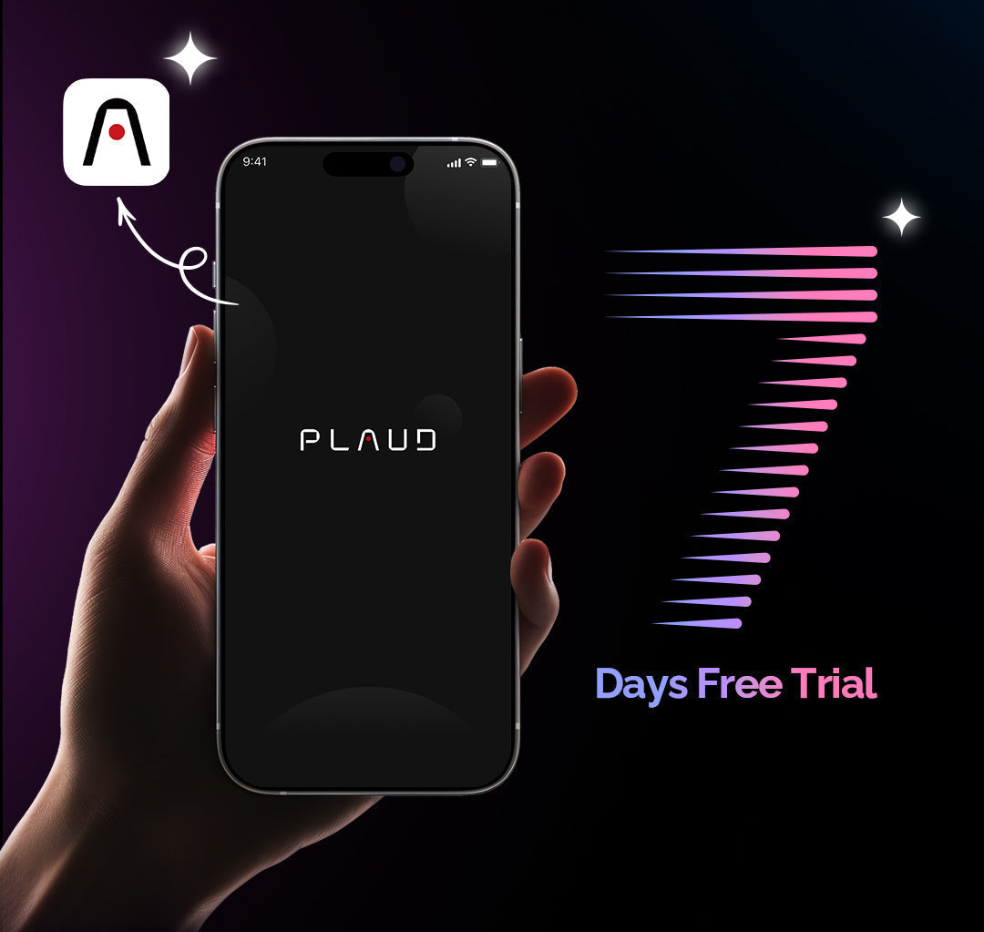 A hand holds a black smartphone displaying the Plaud logo, with the Plaud App icon floating above, advertising a 7 Days Free