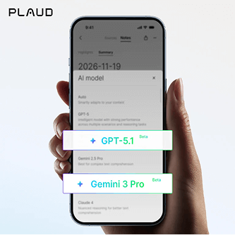 A hand holds a smartphone displaying the Plaud App, showing options for AI models like GPT-5.1 Beta and Gemini 3 Pro Beta.