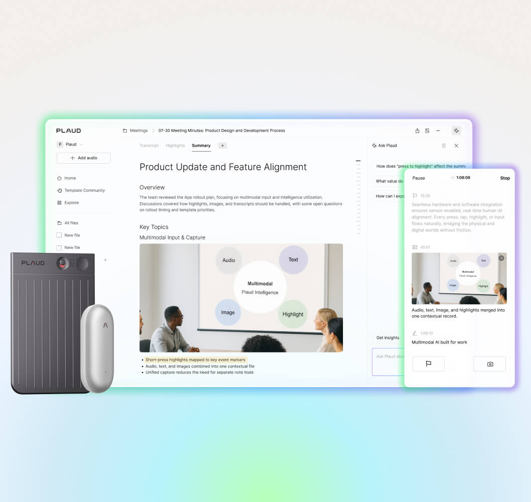 A dark gray Plaud Note and white Plaud NotePin are displayed with Plaud Web and App interfaces, showcasing AI meeting summari