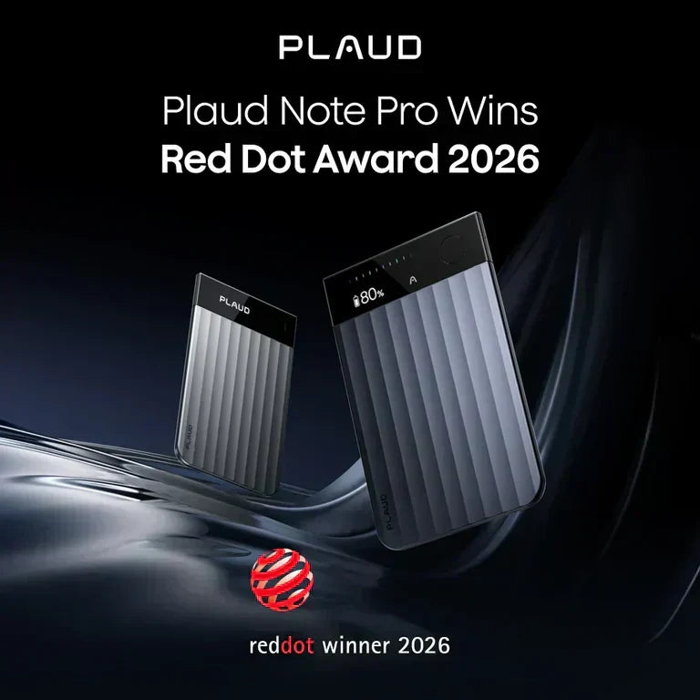 Two Plaud Note Pro devices, one silver and one dark gray, float above a dark wavy surface, celebrating the Red Dot Award 2026