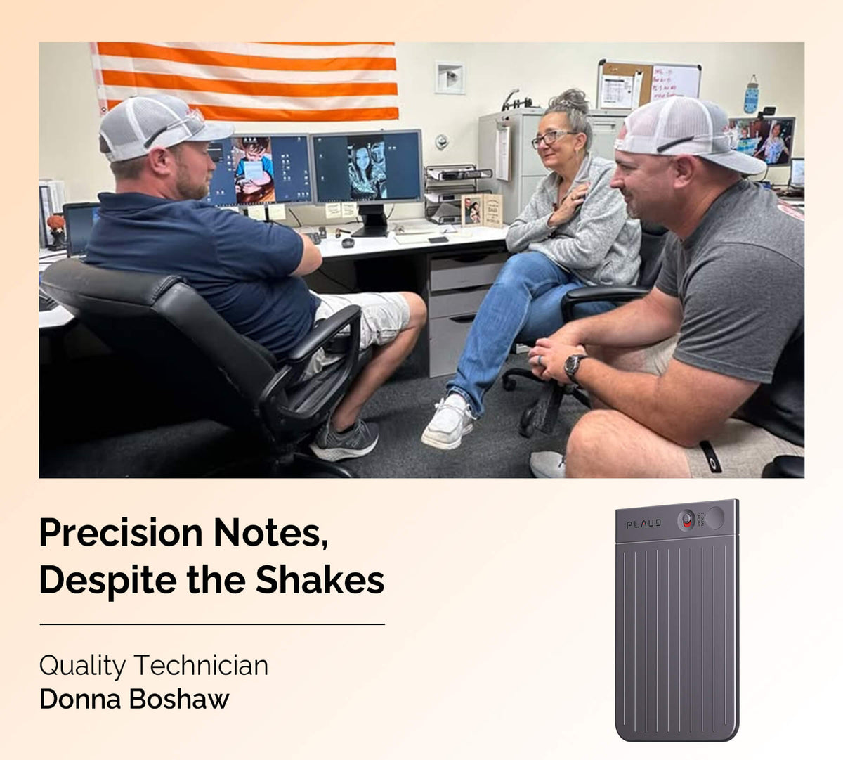 An office discussion with three people, featuring a dark gray Plaud Note AI voice recorder.