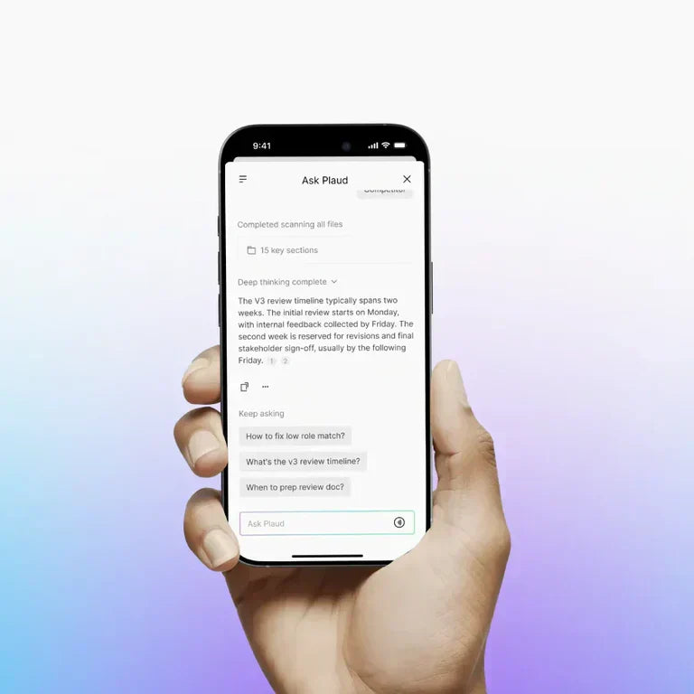 A hand holds a smartphone displaying the Plaud App with a chat interface showing a "V3 review timeline" against a gradient ba