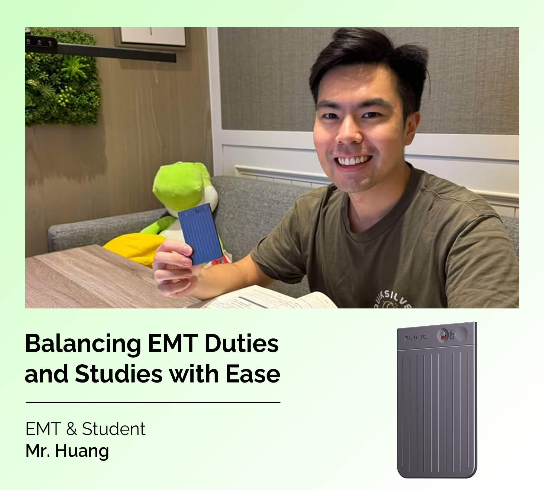 A smiling man in a green shirt holds a blue Plaud Note while studying at a table, with a gray Plaud Note also shown.