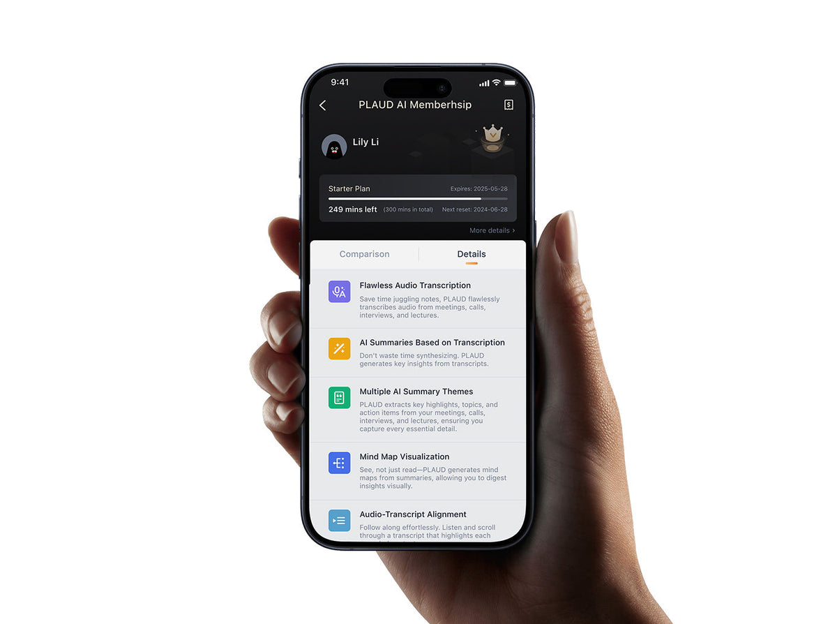 A hand holds a dark smartphone displaying the Plaud App's "PLAUD AI Membership" screen with features like AI summaries and tr