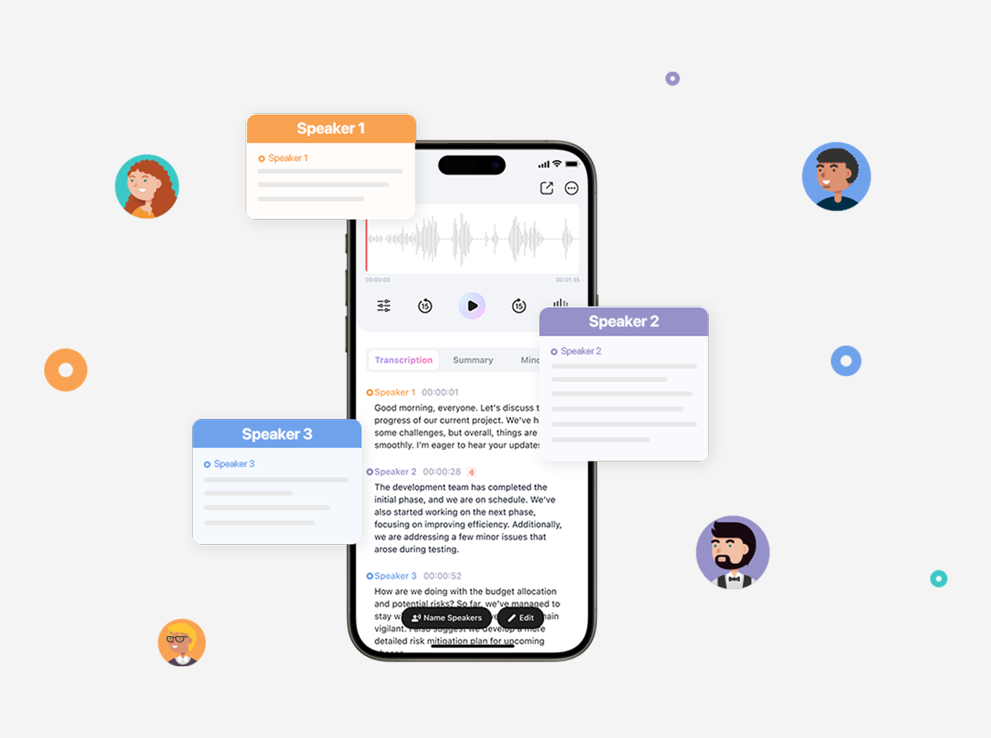 A smartphone displays the Plaud App with a multi-speaker transcription, surrounded by floating speaker avatars and speech bub