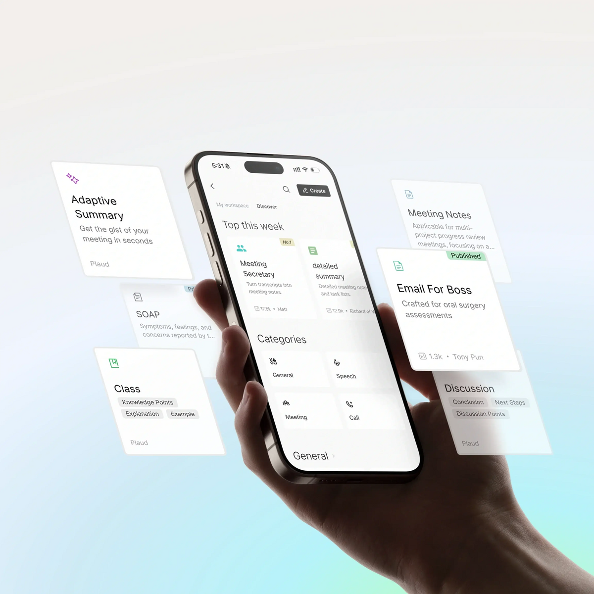 A hand holds a smartphone displaying the Plaud App, surrounded by floating cards showcasing features like Adaptive Summary.
