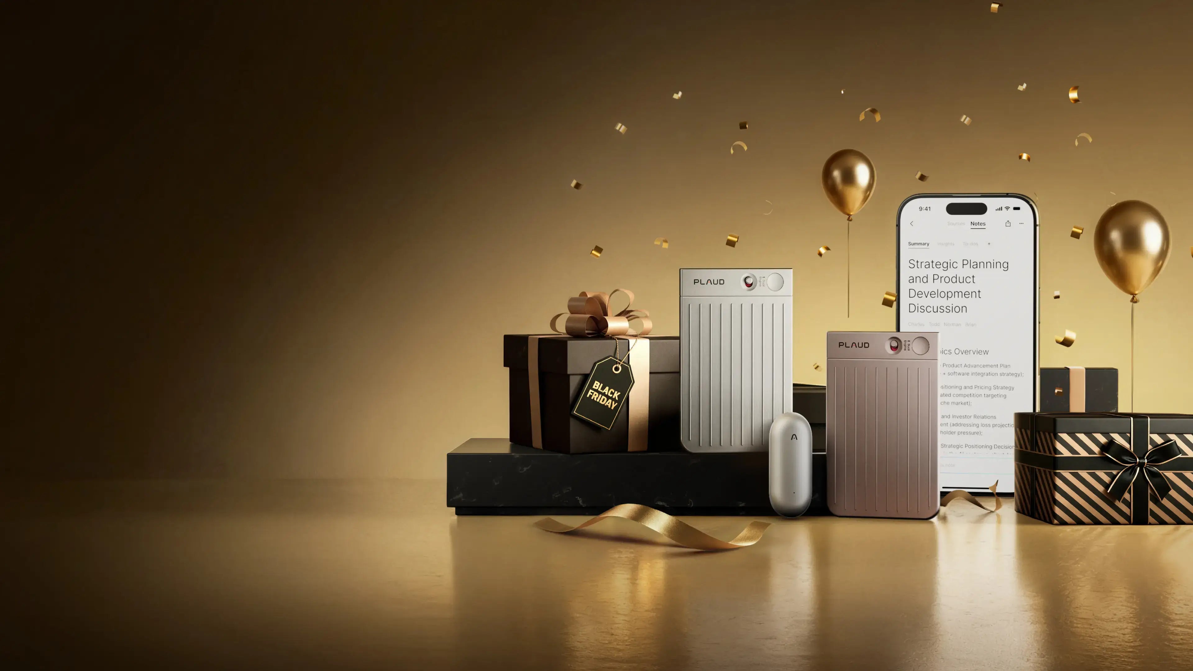 A festive golden scene with confetti and balloons showcases a white Plaud Note, a rose gold Plaud Note, and a silver Plaud No