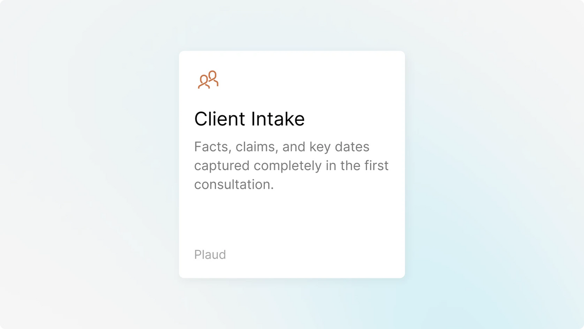 A Plaud Client Intake card states that facts, claims, and key dates are captured completely in the first consultation.