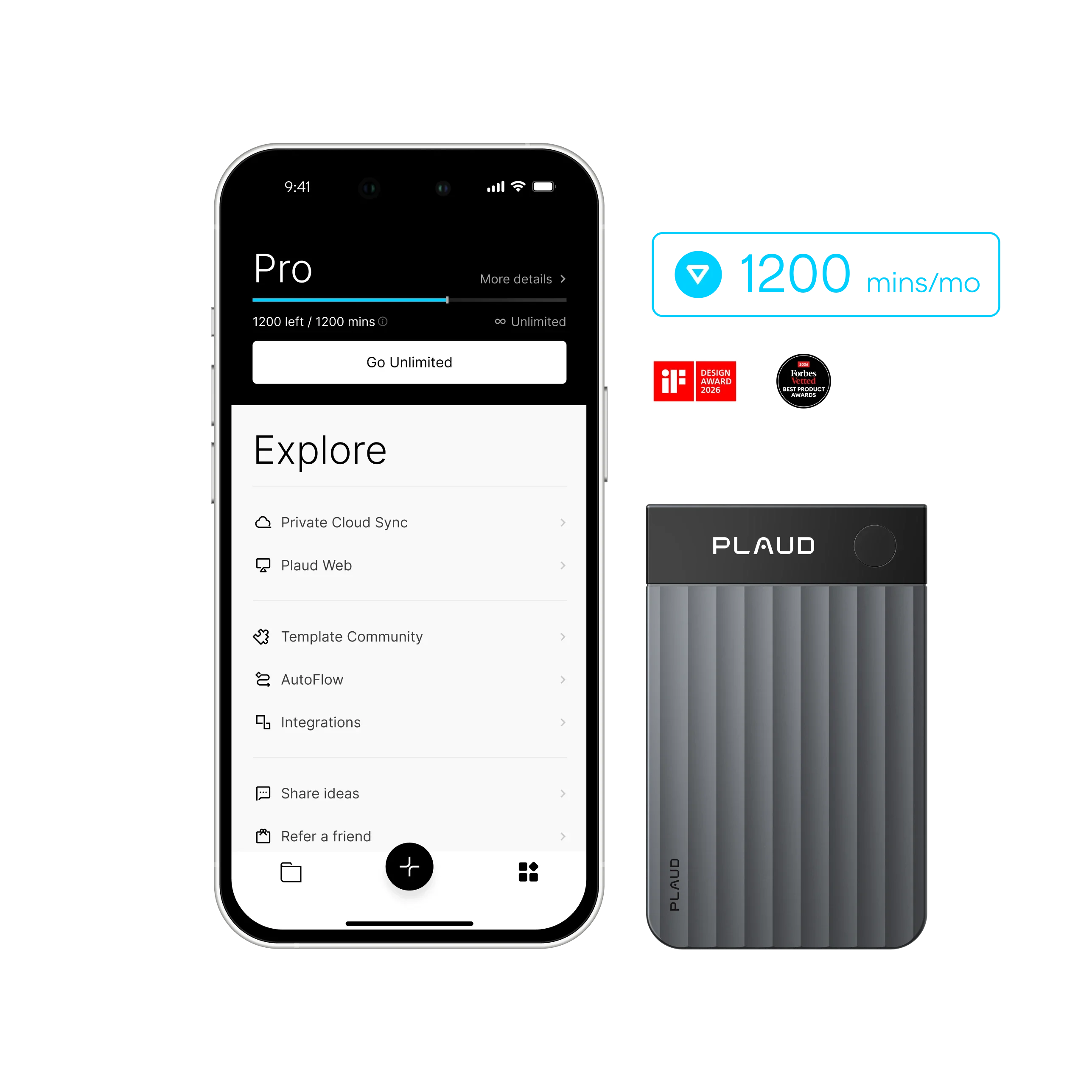 A smartphone displays the Plaud App's