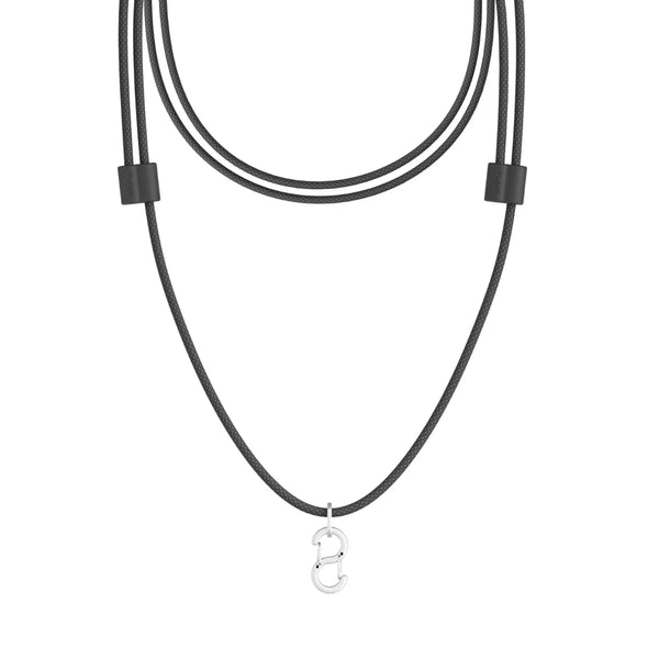 A black cord necklace featuring a silver-colored Plaud logo clip pendant, designed for wearing a Plaud AI voice recorder.