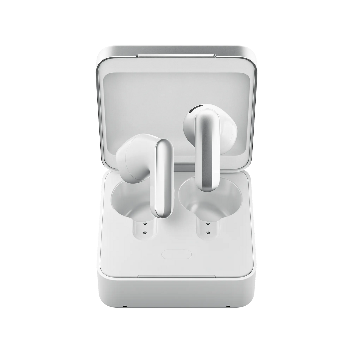 White Plaud One wireless earbuds with silver stems sit inside an open, square white charging case.