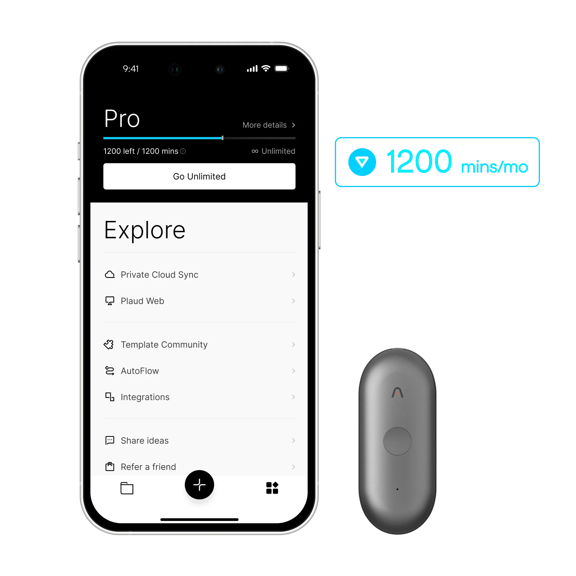 A white smartphone displays the Plaud App's Pro plan and features next to a gray Plaud NotePin S, highlighting 1200 minutes p