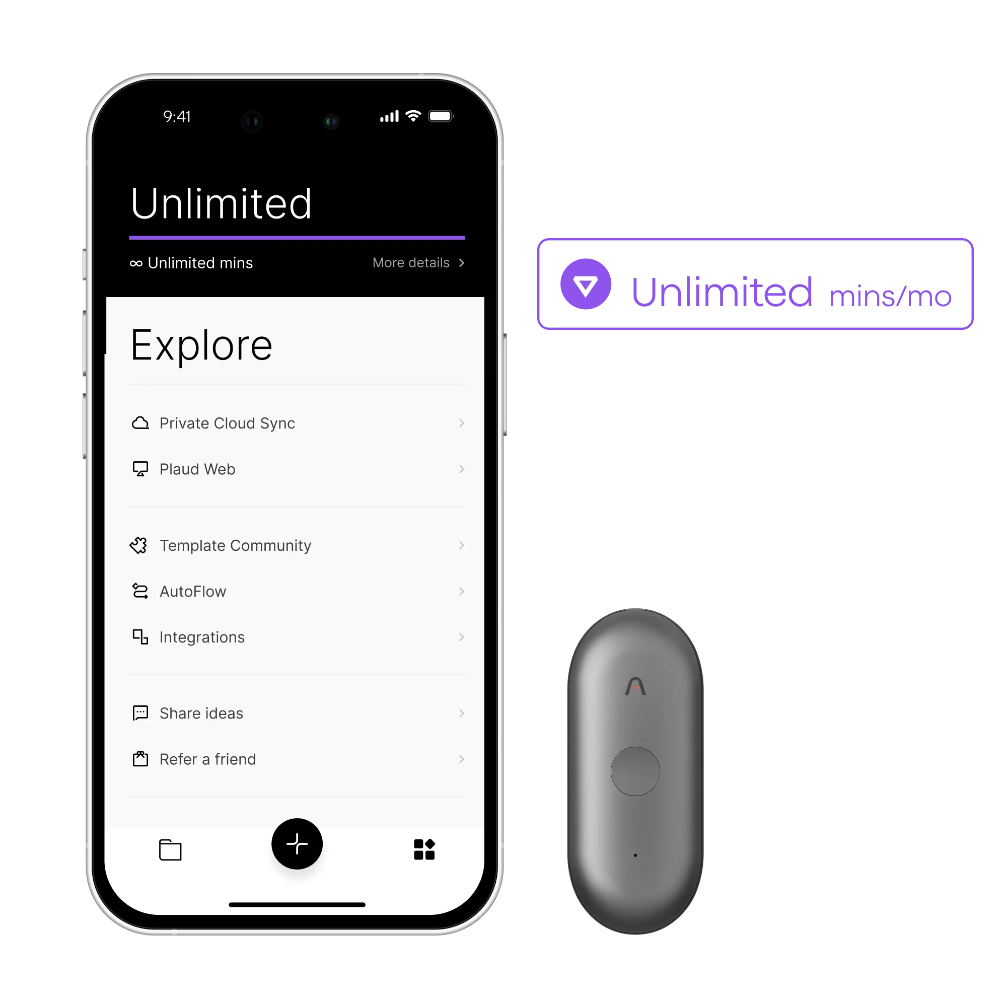 A smartphone displays the Plaud App's