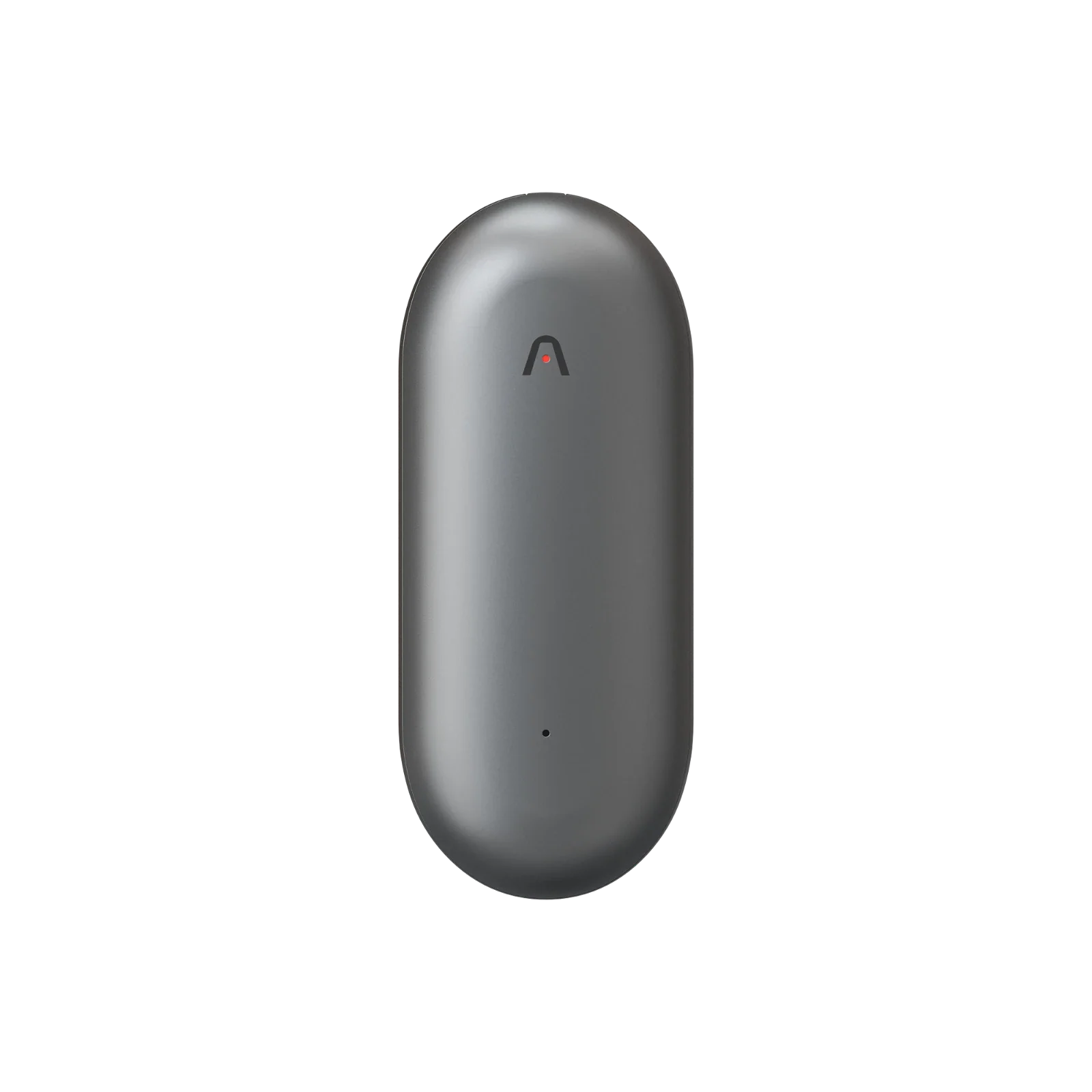 A dark gray Plaud NotePin, a capsule-shaped AI voice recorder, stands upright, showing its "∧" logo and mic pinhole.