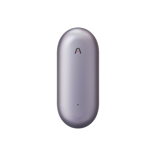 A metallic lavender Plaud NotePin, a capsule-shaped AI voice recorder, stands upright on a white background.