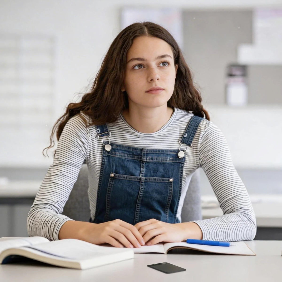A young woman with long brown hair, wearing a striped shirt and denim overalls, sits thoughtfully at a desk with open books.