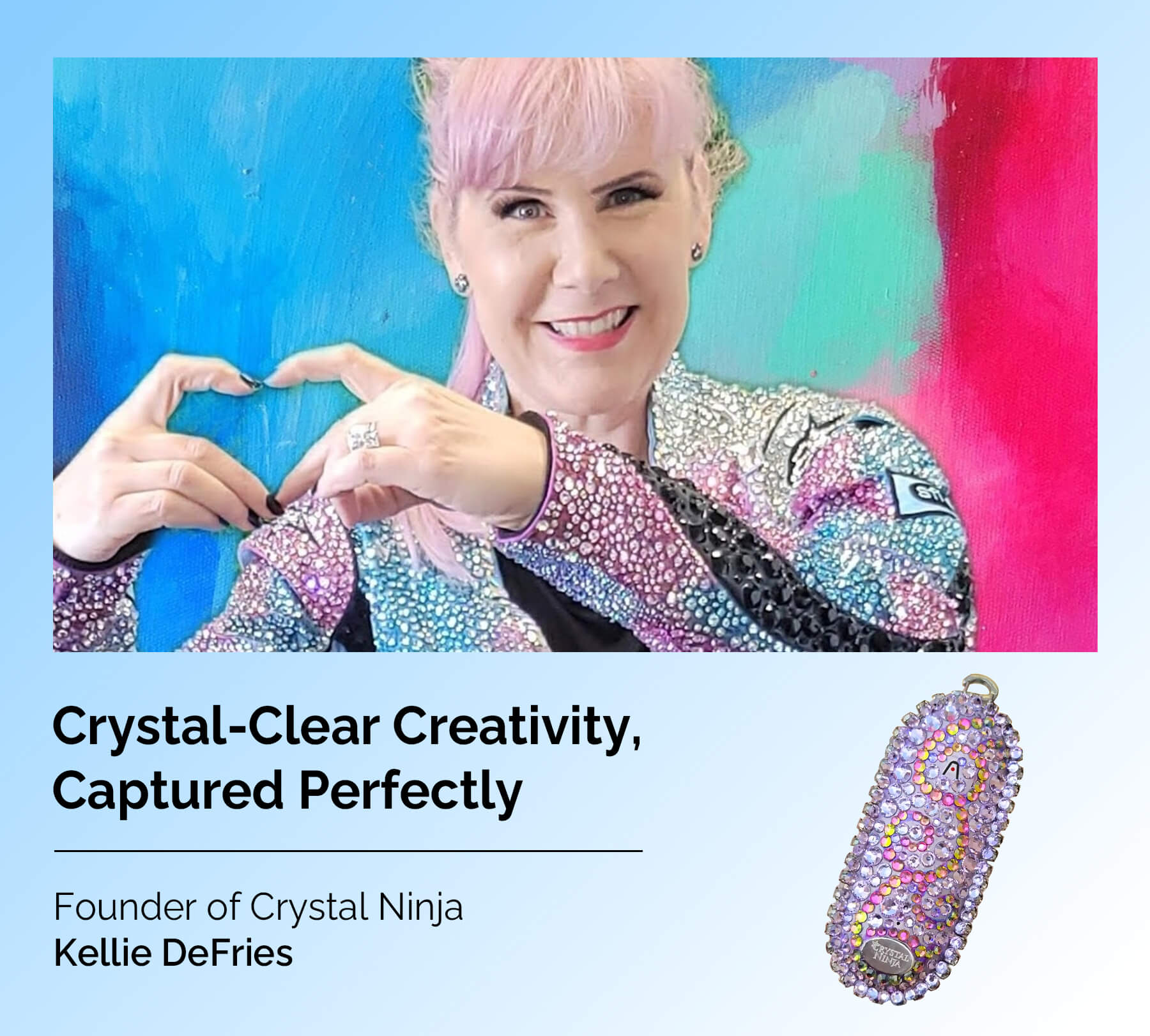 A smiling woman with pink hair makes a heart, next to a crystal-embellished purple Plaud NotePin S, against a colorful backgr