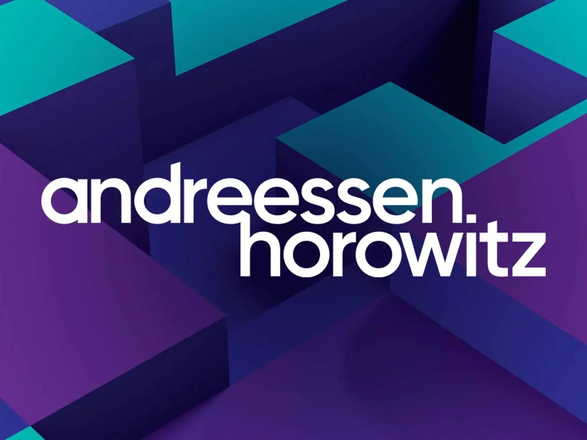 The white Andreessen Horowitz logo against an abstract background of purple and teal geometric shapes.