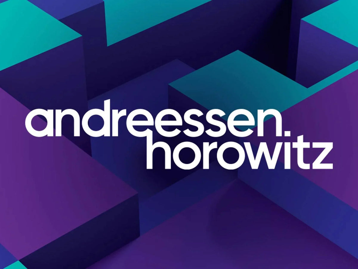 The white Andreessen Horowitz logo against an abstract background of purple and teal geometric shapes.