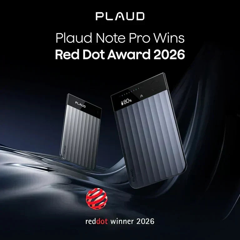 Two Plaud Note Pro devices, one silver and one dark gray, float above a dark wavy surface, celebrating the Red Dot Award 2026