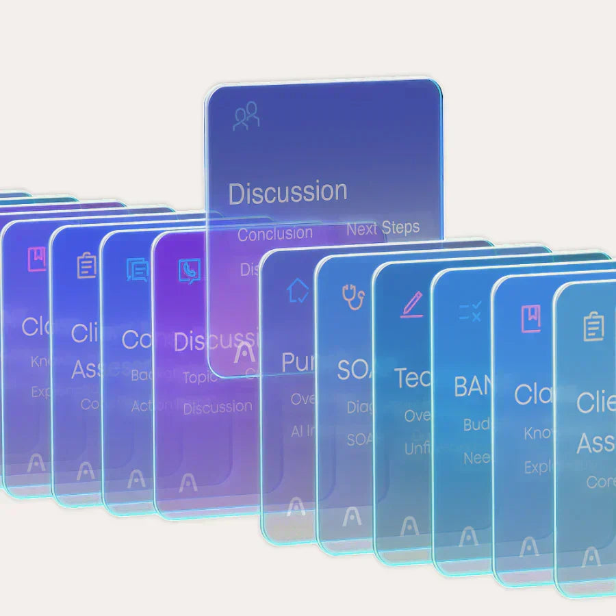 Multiple glowing, translucent blue-purple cards display various categories like 'Discussion' and 'Client Assessment', suggest