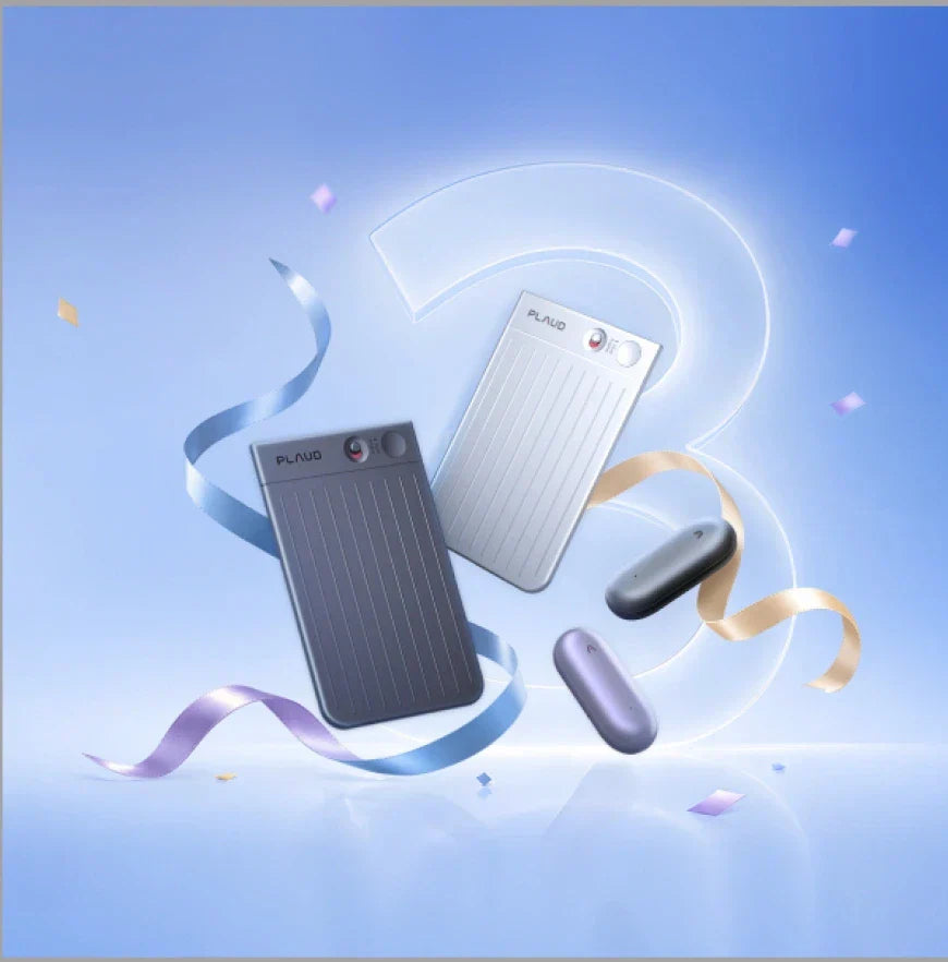 Plaud Note Pro and NotePin S devices with festive ribbons celebrating Plaud's 3rd anniversary