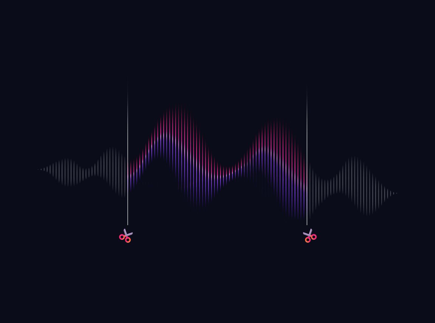 A vibrant pink and purple audio waveform on a dark background is marked for trimming by two white lines with red scissor icon