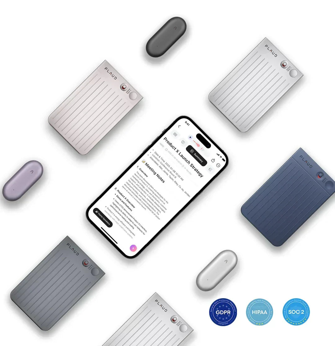 Plaud Note and Plaud NotePin in various colors surround a smartphone displaying Plaud App meeting notes, plus compliance badg