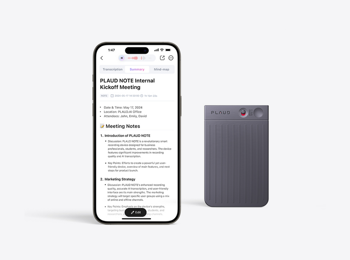 A dark gray Plaud Note is shown beside a smartphone displaying the Plaud App with a detailed "PLAUD NOTE Internal Kickoff Mee
