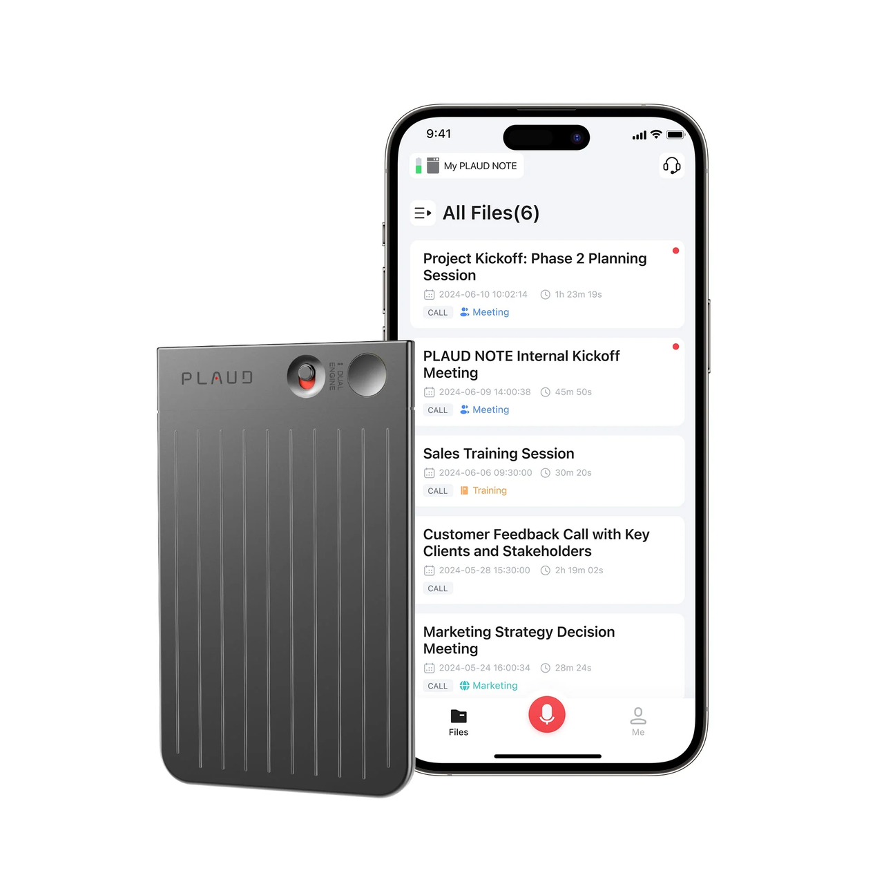 A dark gray Plaud Note stands upright next to a smartphone displaying the Plaud App with a list of recorded files.