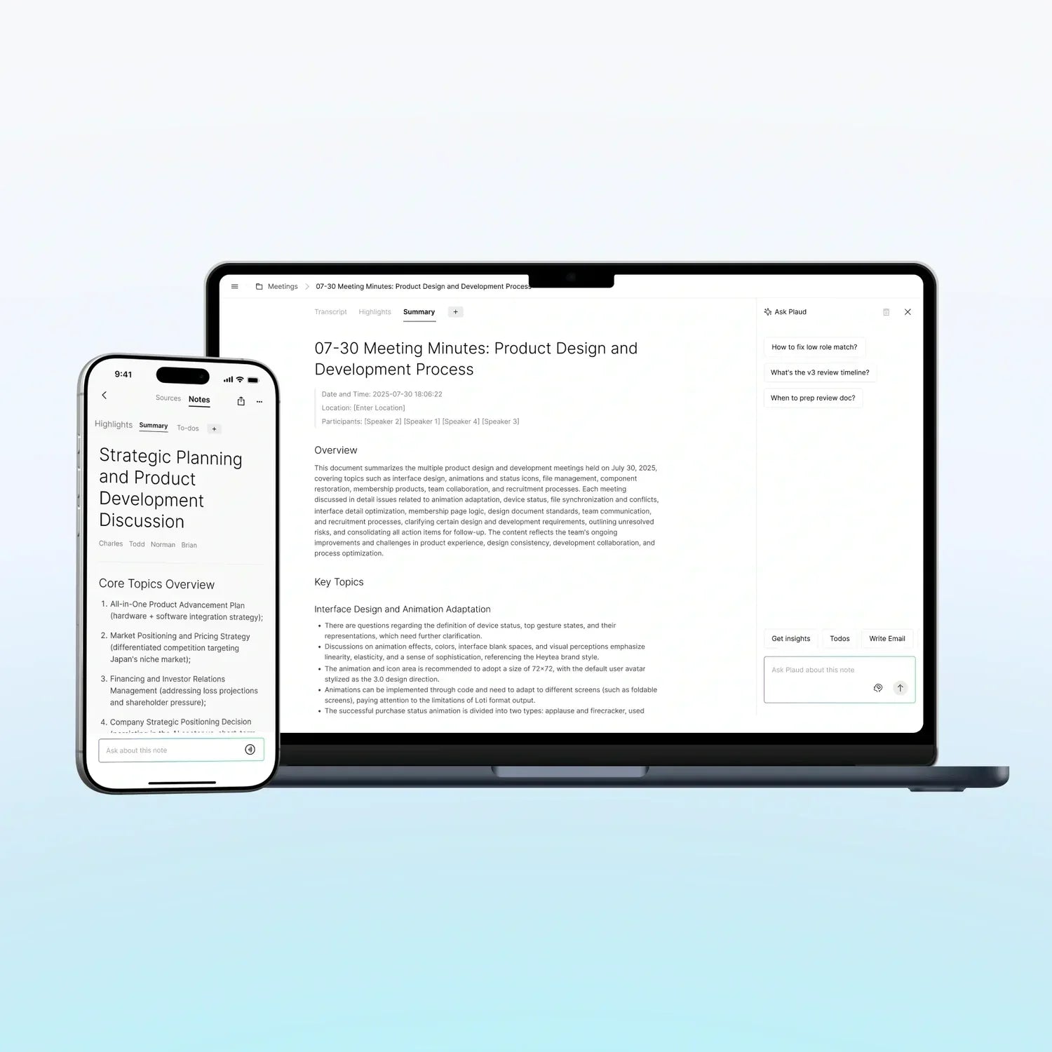 A smartphone and a laptop display synchronized meeting notes from the Plaud App and Plaud Web, showing a summary and detailed