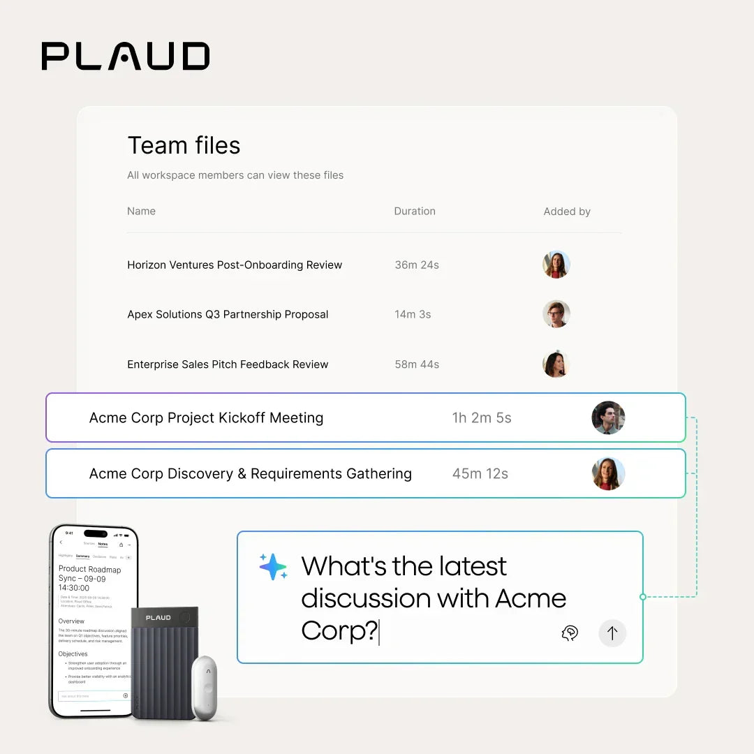 The UI shows team meeting recordings and an AI chat query, alongside a dark gray Plaud Note Pro and a white Plaud NotePin S.