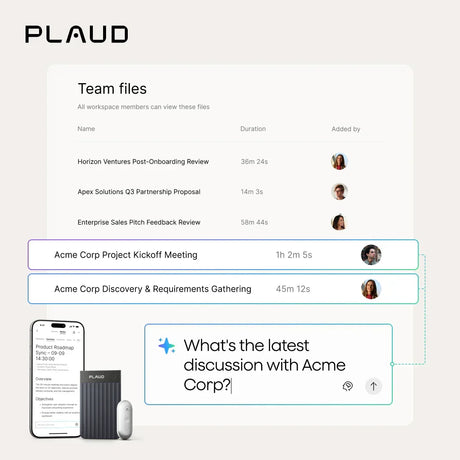 The UI shows team meeting recordings and an AI chat query, alongside a dark gray Plaud Note Pro and a white Plaud NotePin S.