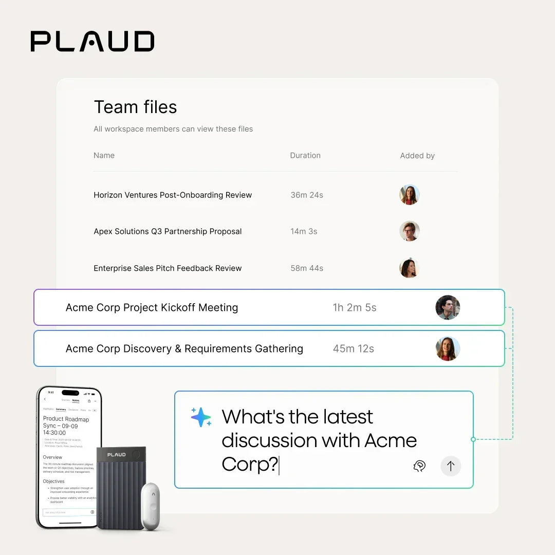 The UI shows team meeting recordings and an AI chat query, alongside a dark gray Plaud Note Pro and a white Plaud NotePin S.
