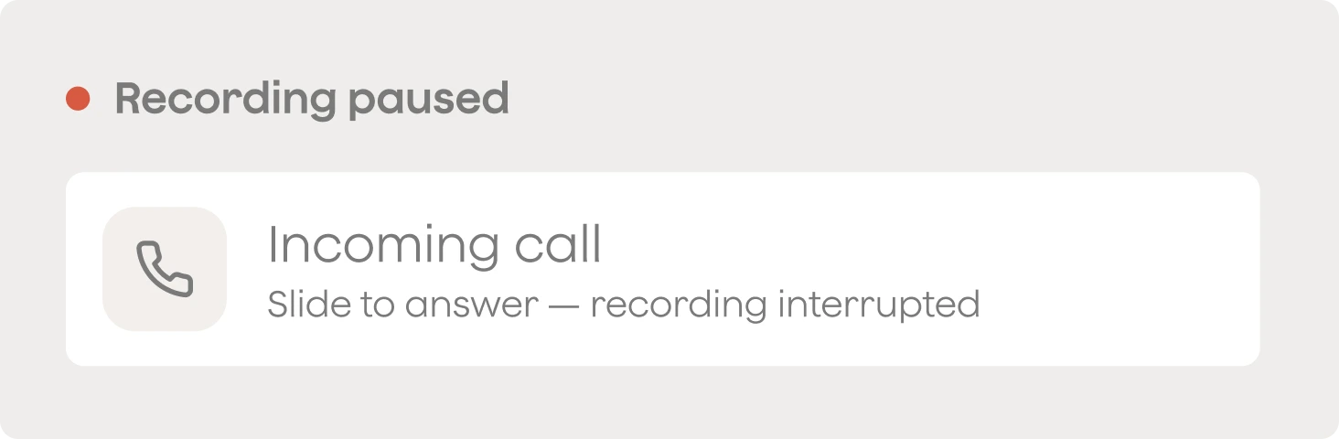 A user interface showing a 'Recording paused' status with a red dot and an 'Incoming call' notification indicating recording