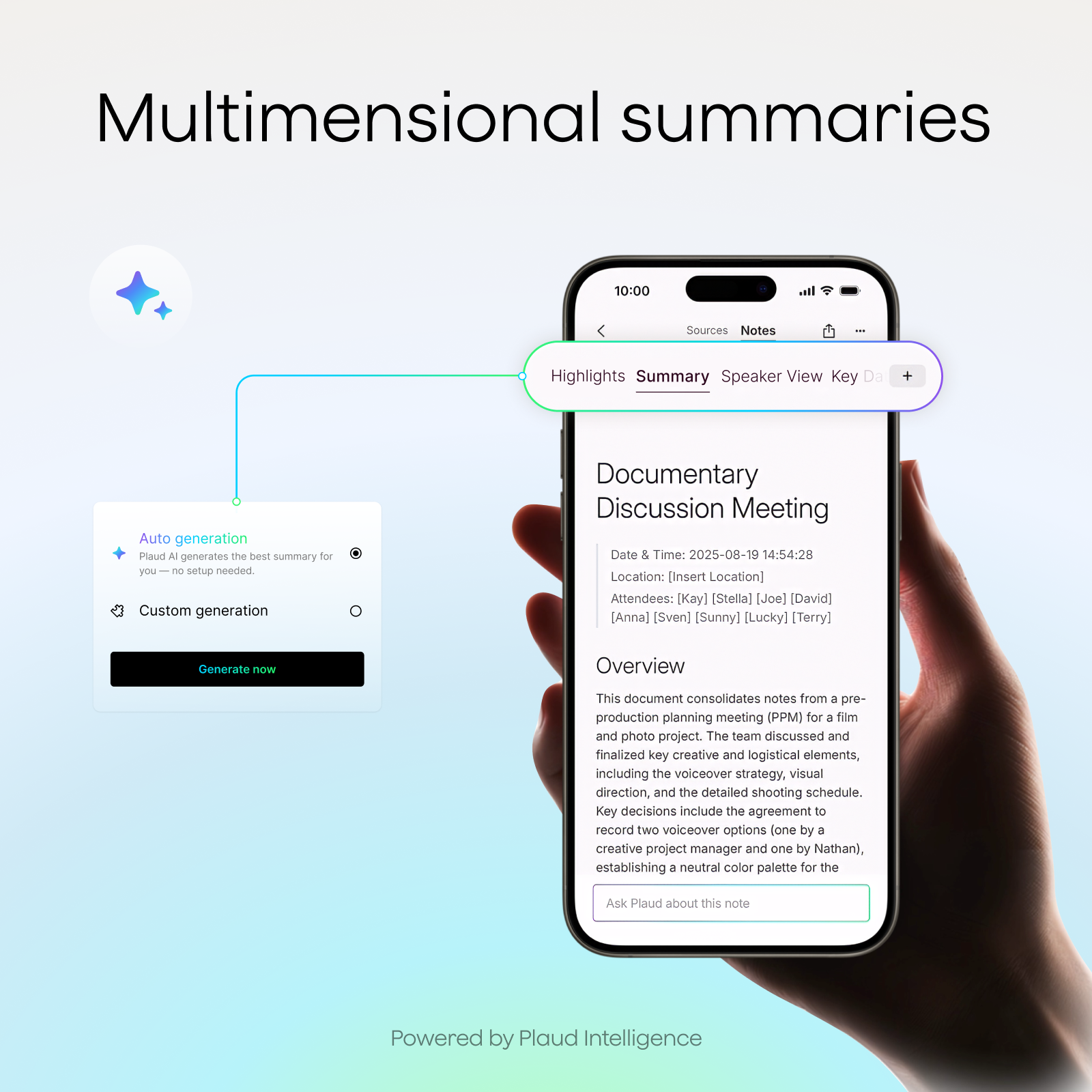Plaud App on a smartphone displaying a multidimensional meeting summary with auto-generation options.