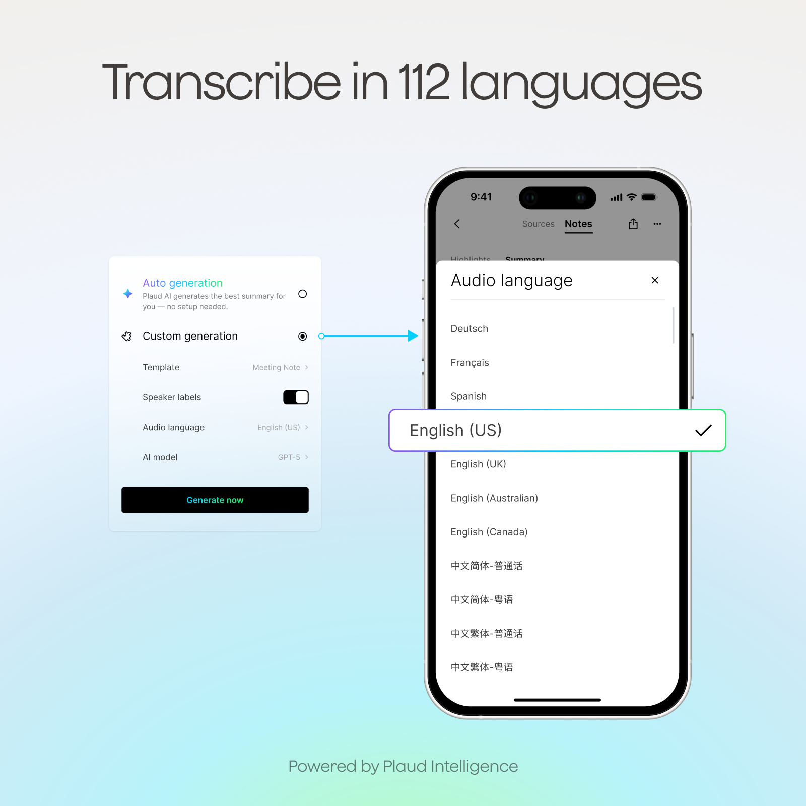 Plaud App interface showing language selection for transcription, supporting 112 different languages.