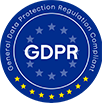 A blue circular badge with 'GDPR' in white, surrounded by stars, indicating General Data Protection Regulation compliance.