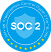 A blue circular badge with a shield icon, 'SOC 2', and 'Service Organization Control (Type) 2 Compliant' text, indicating cer