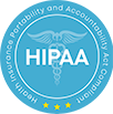 A blue circular badge with 'HIPAA' in white, a caduceus symbol, and 'Health Insurance Portability and Accountability Act Comp