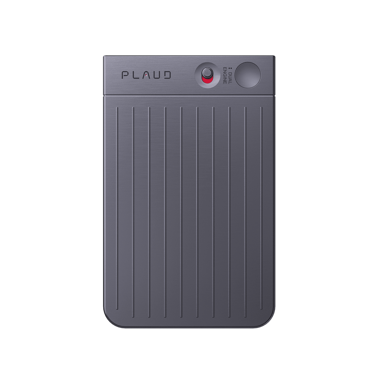 A dark gray Plaud Note AI voice recorder is shown from above, featuring a brushed-metal top with a red record dial and "DUAL