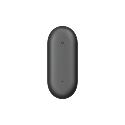 A dark gray Plaud NotePin AI voice recorder is shown vertically on a white background, displaying its '∧' logo and mic pinhol