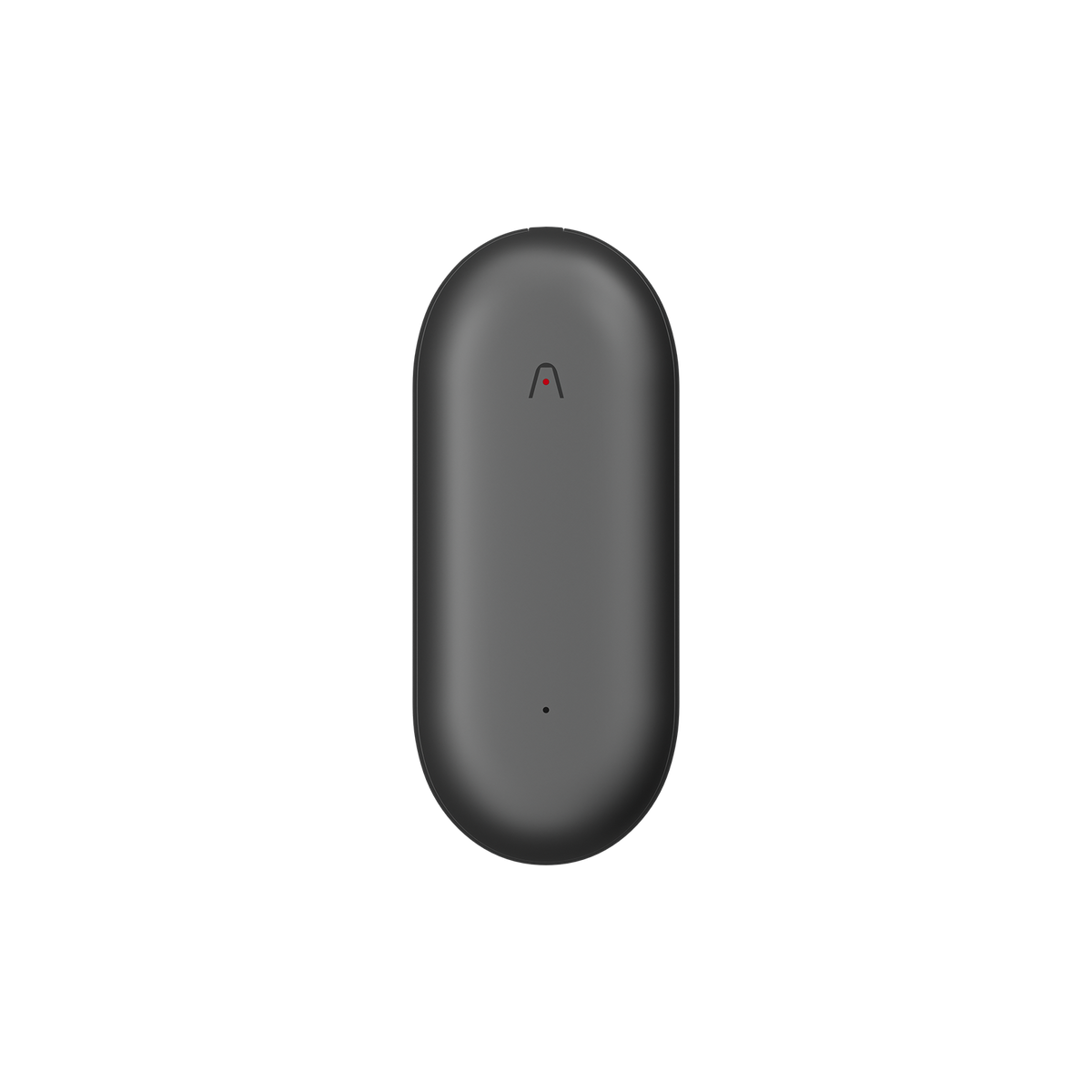 A dark gray Plaud NotePin AI voice recorder, showing its ∧ logo with a red dot and a mic pinhole, on a white background.