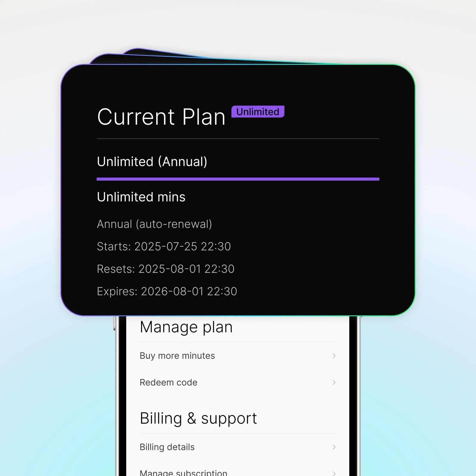 Plaud App UI displaying Plaud Unlimited Plan details with unlimited minutes and annual subscription dates.