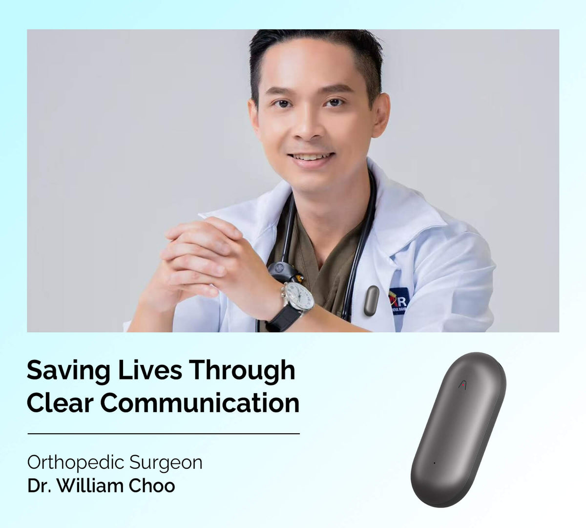 A smiling Dr. William Choo, an orthopedic surgeon, wears a dark gray Plaud NotePin on his lab coat, with another Plaud NotePi