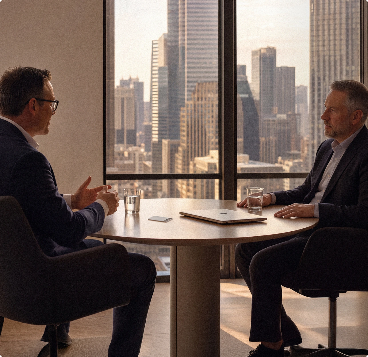 Two professionals sit at a round table in a city office with a silver Plaud Note recording their meeting.
