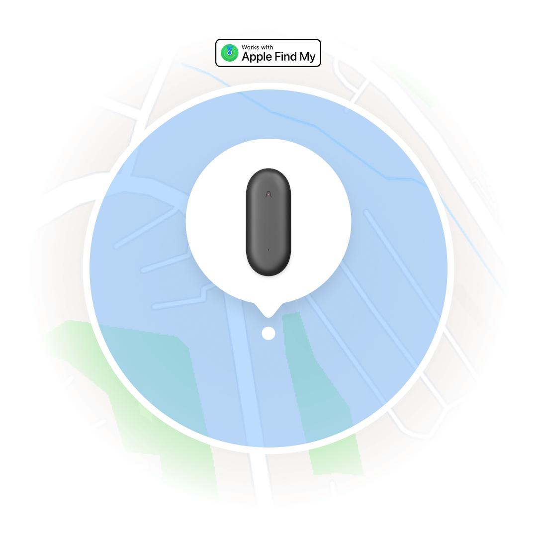 A dark gray Plaud NotePin is shown on a map, highlighted by a location pin, demonstrating its Apple Find My compatibility.