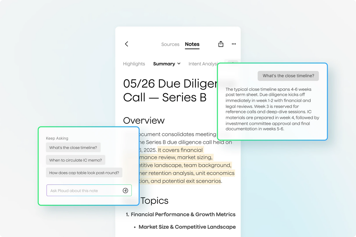 The Plaud App displays a due diligence call summary with AI-generated answers to specific financial timeline questions.