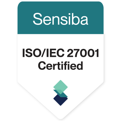 Sensiba ISO/IEC 27001 Certified badge, featuring teal and dark blue squares at the bottom.