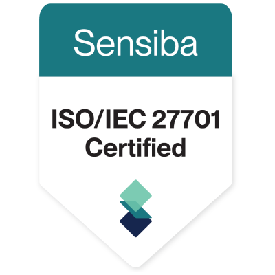 Sensiba ISO/IEC 27701 Certified badge, a white shield with a teal banner and overlapping teal and blue squares.